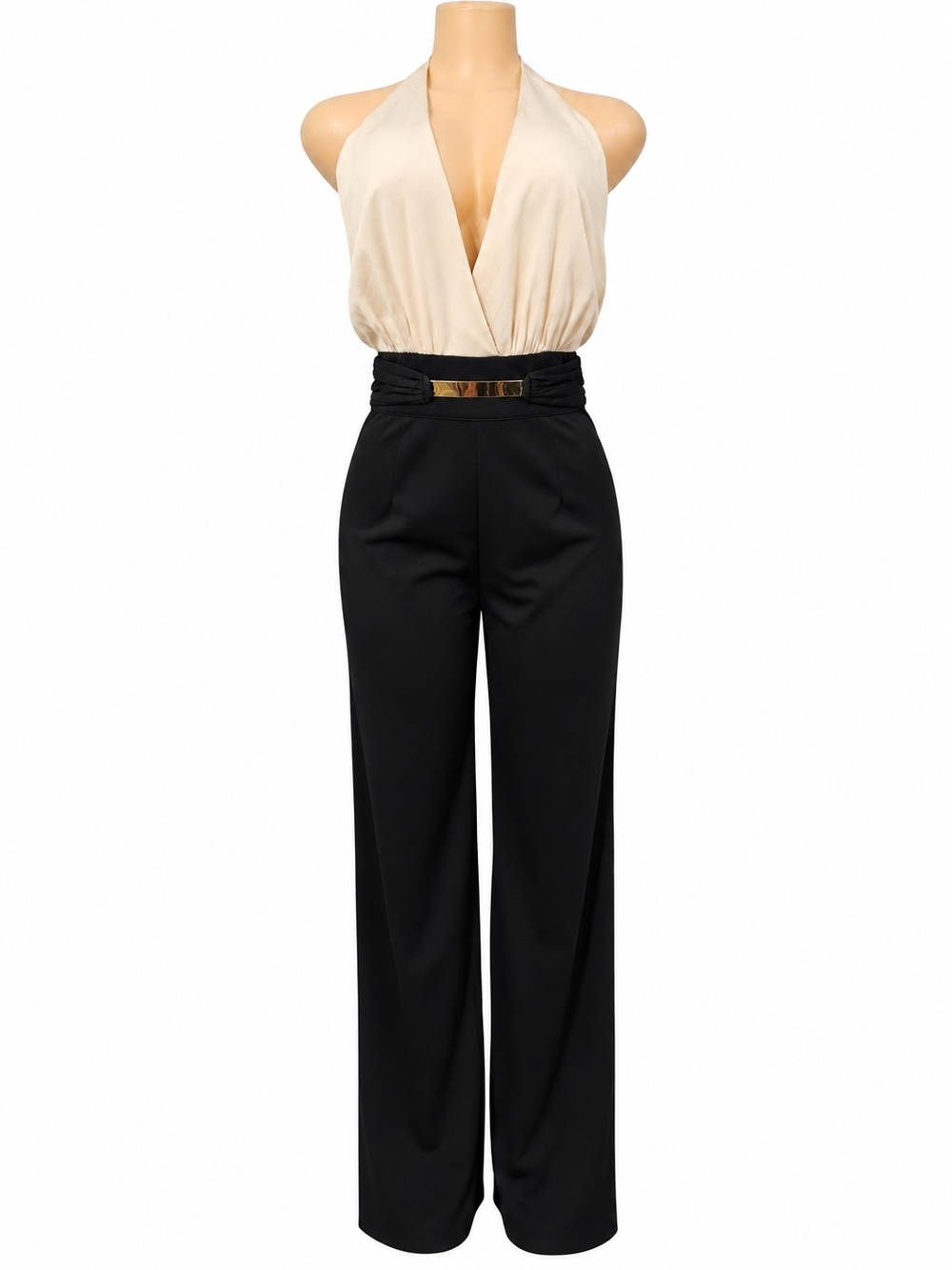bebe Two-Tone Halter Jumpsuit in Cream and Black with Gold Accent